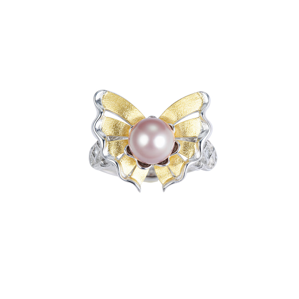 925 Sterling Silver Butterfly Freshwater Pearl Ring-Adjustable