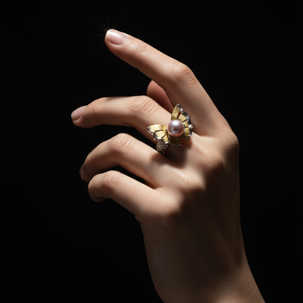 925 Sterling Silver Butterfly Freshwater Pearl Ring-Adjustable