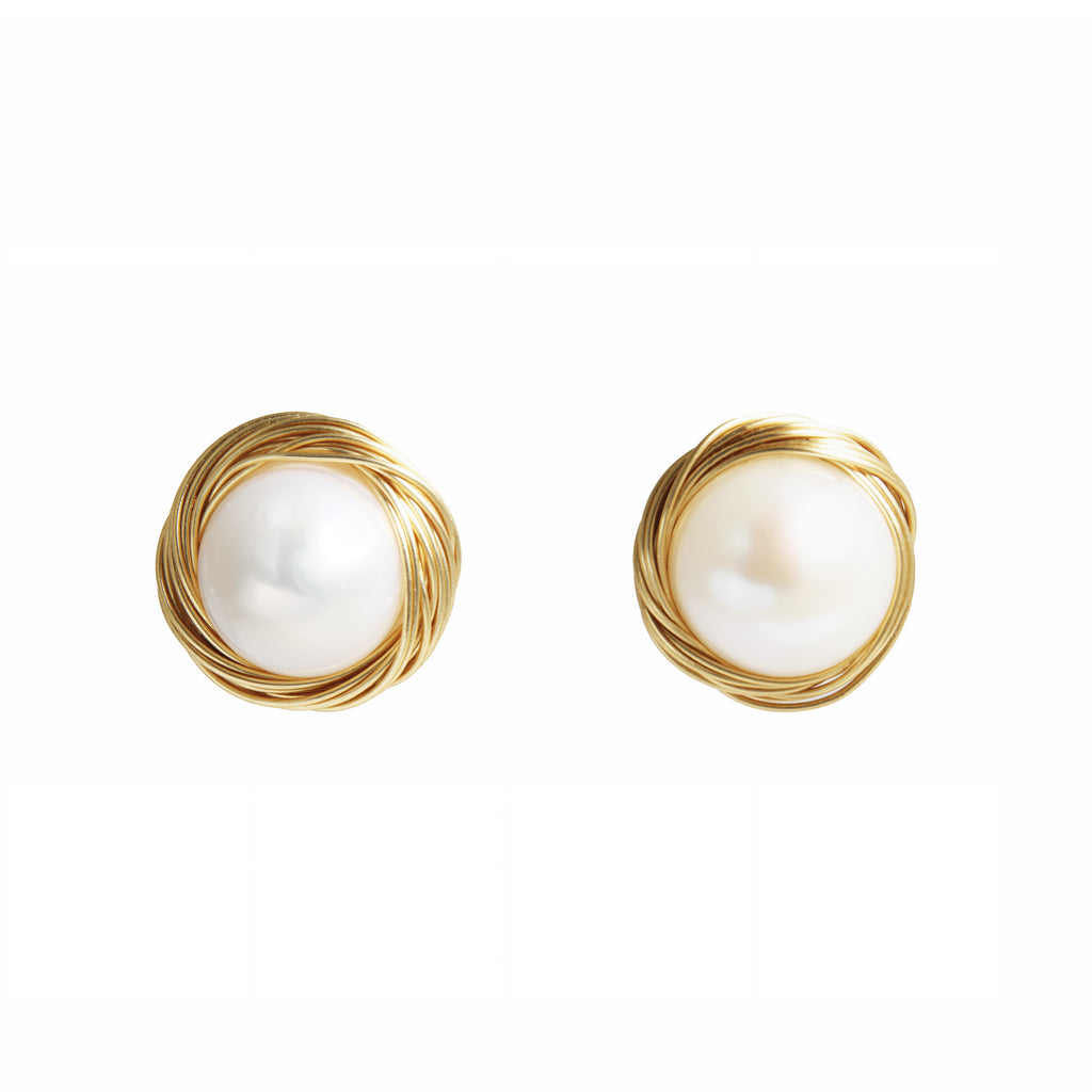 Wire-Nest Freshwater Pearl Stud Earrings