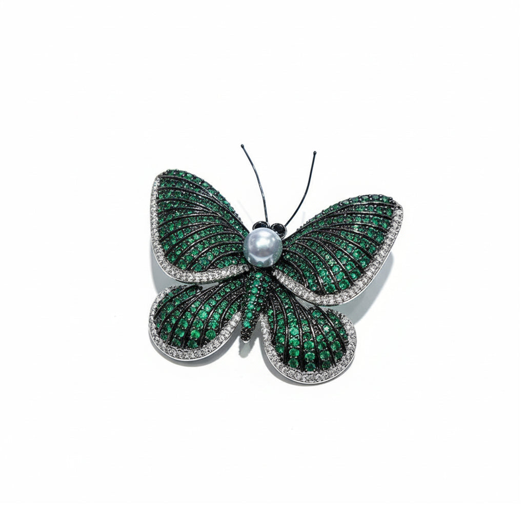 Emerald Butterfly Sea Pearl Brooch