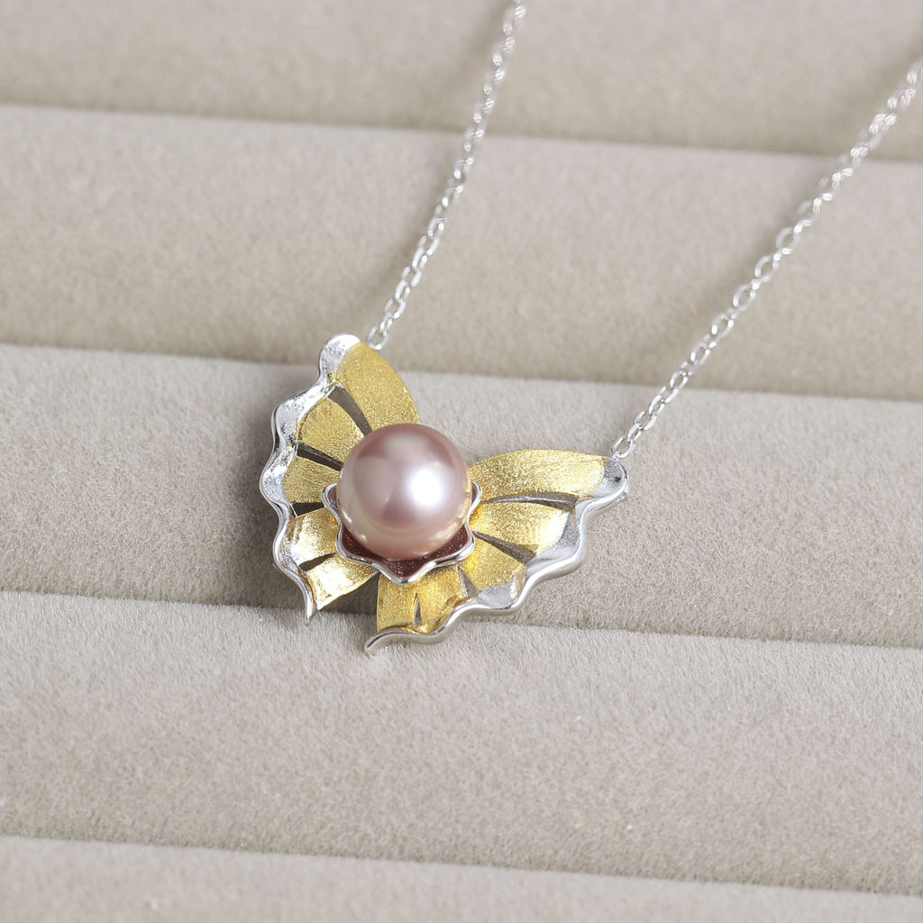 925 Sterling Silver Butterfly Freshwater Pearl Necklace