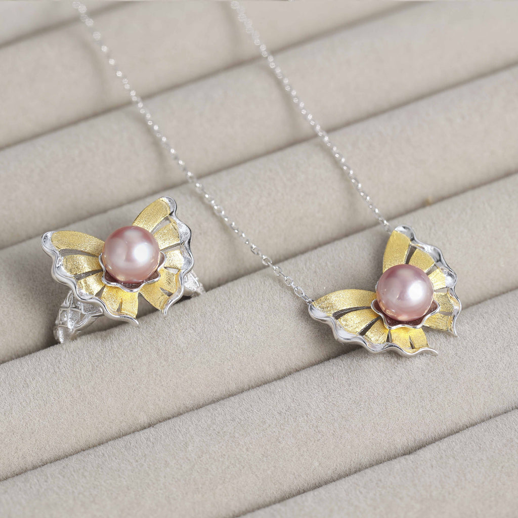 925 Sterling Silver Butterfly Freshwater Pearl Necklace