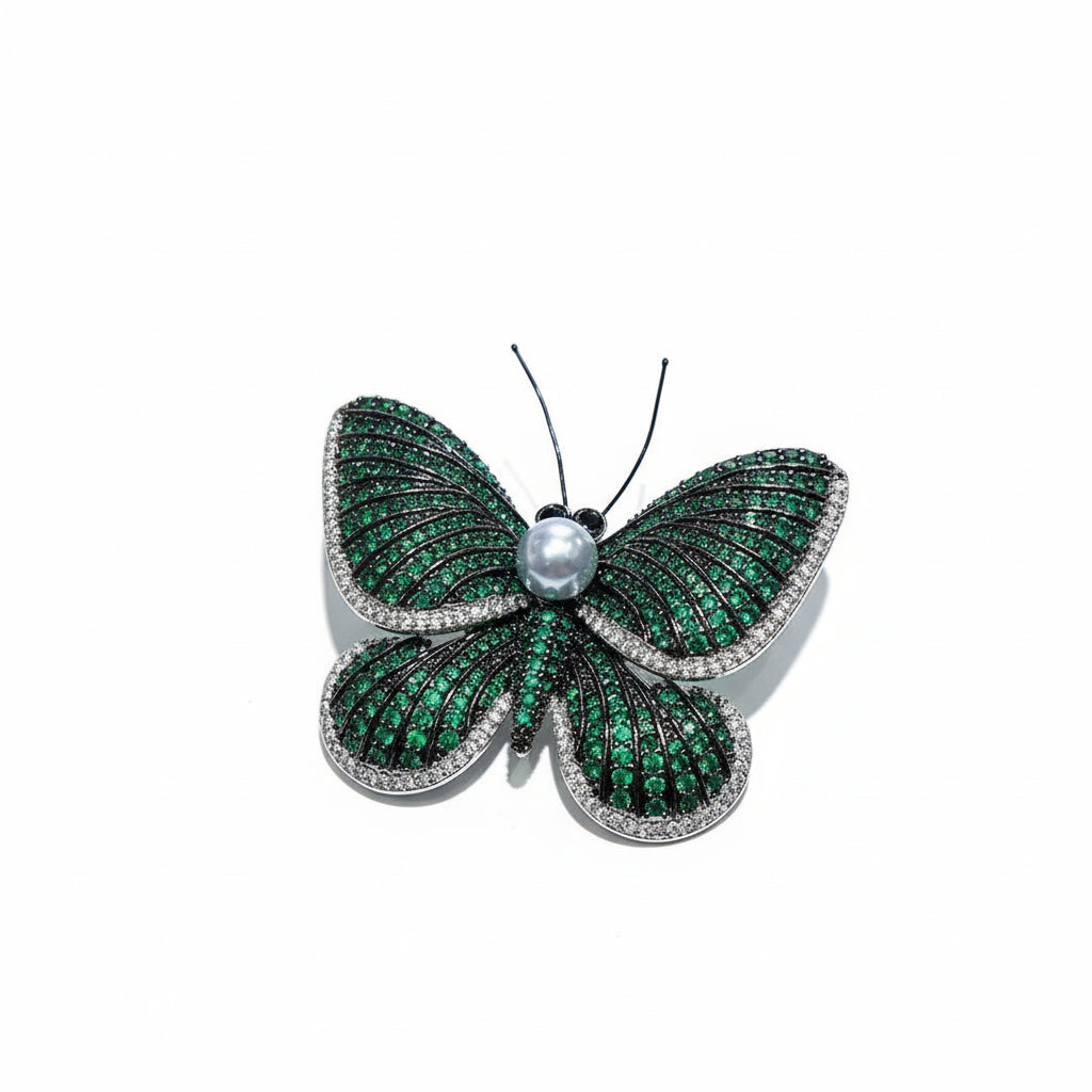 Emerald Butterfly Sea Pearl Brooch