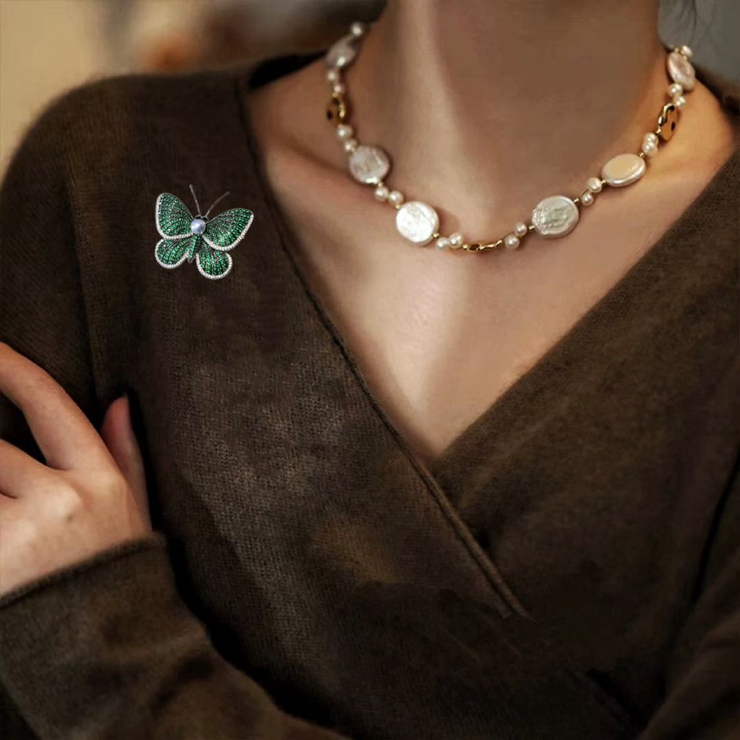 Emerald Butterfly Sea Pearl Brooch