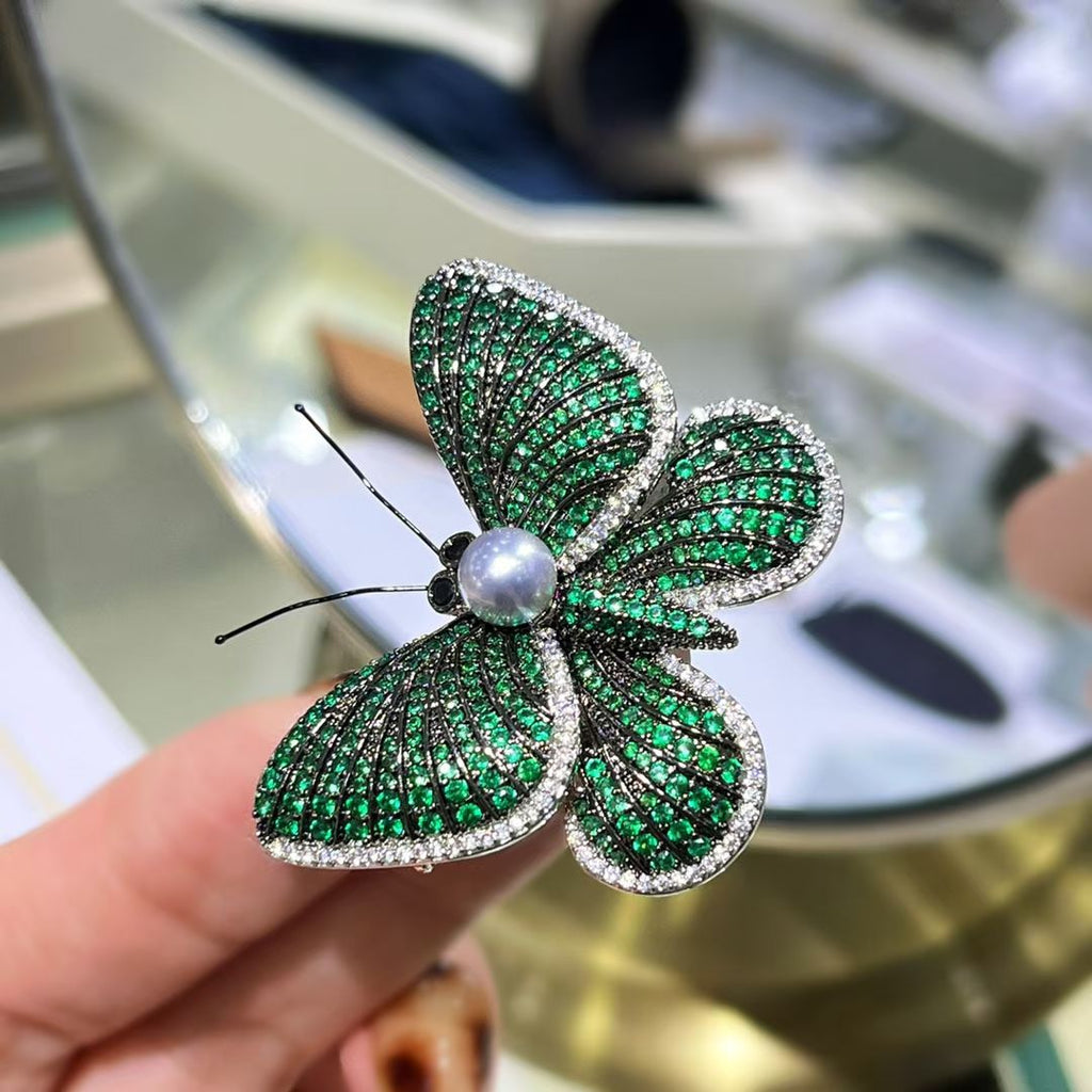 Emerald Butterfly Sea Pearl Brooch