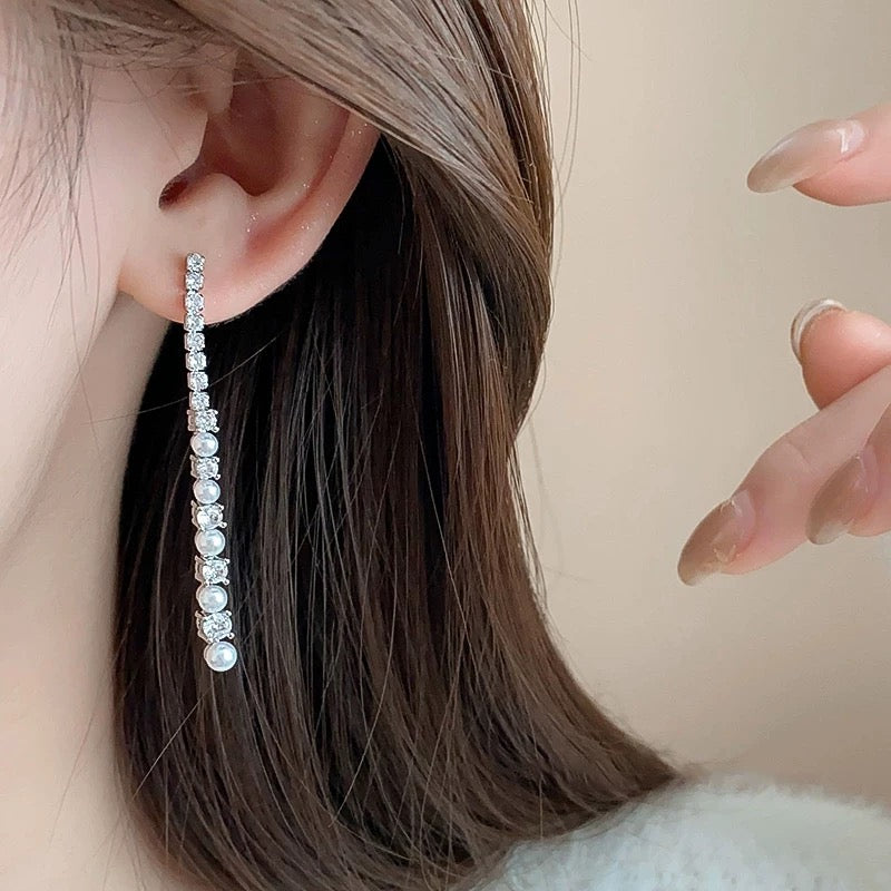 Long Freshwater Pearl Drop Earrings with Zircon