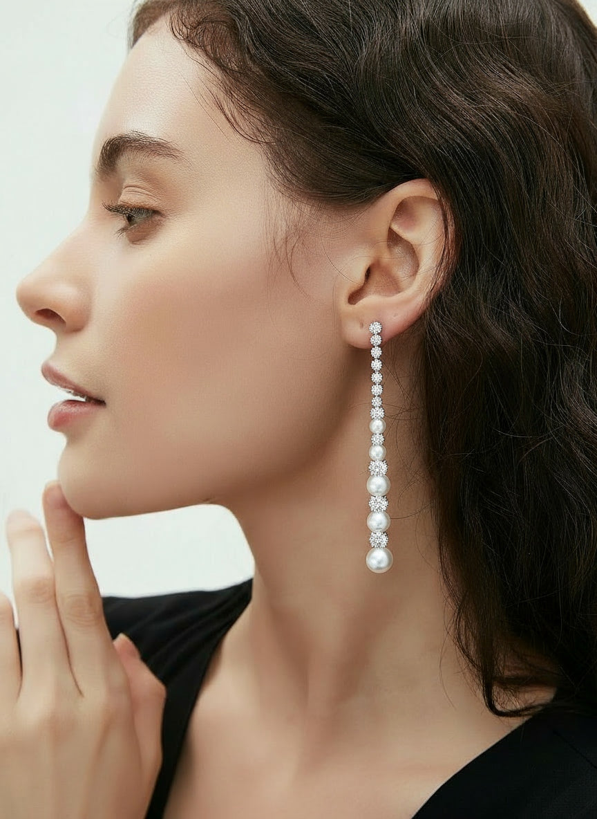 Long Freshwater Pearl Drop Earrings with Zircon