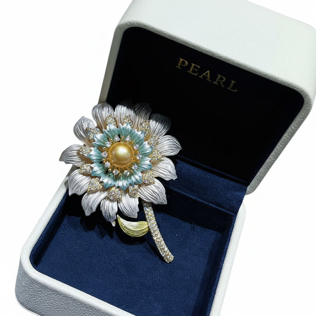 Sunflower wedding Brooch with South Sea Golden Pearl