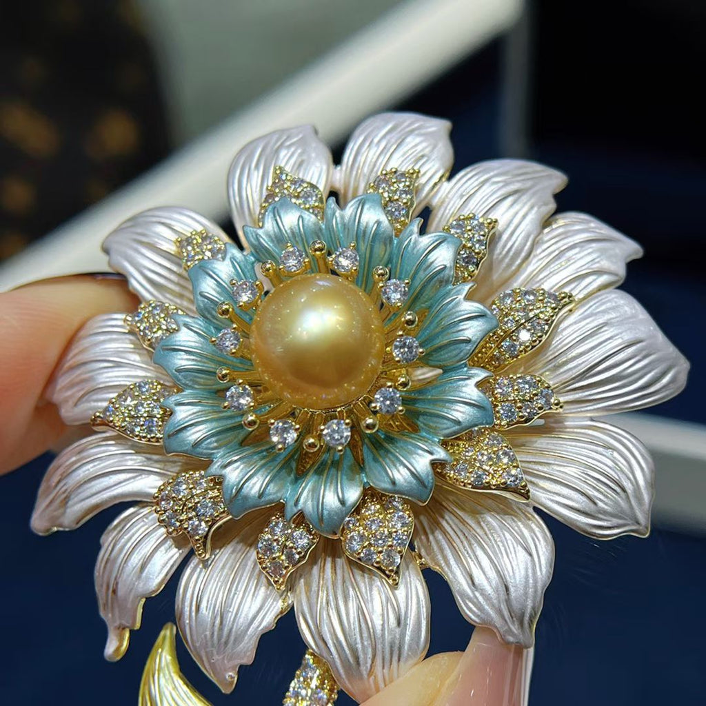 Sunflower wedding Brooch with South Sea Golden Pearl