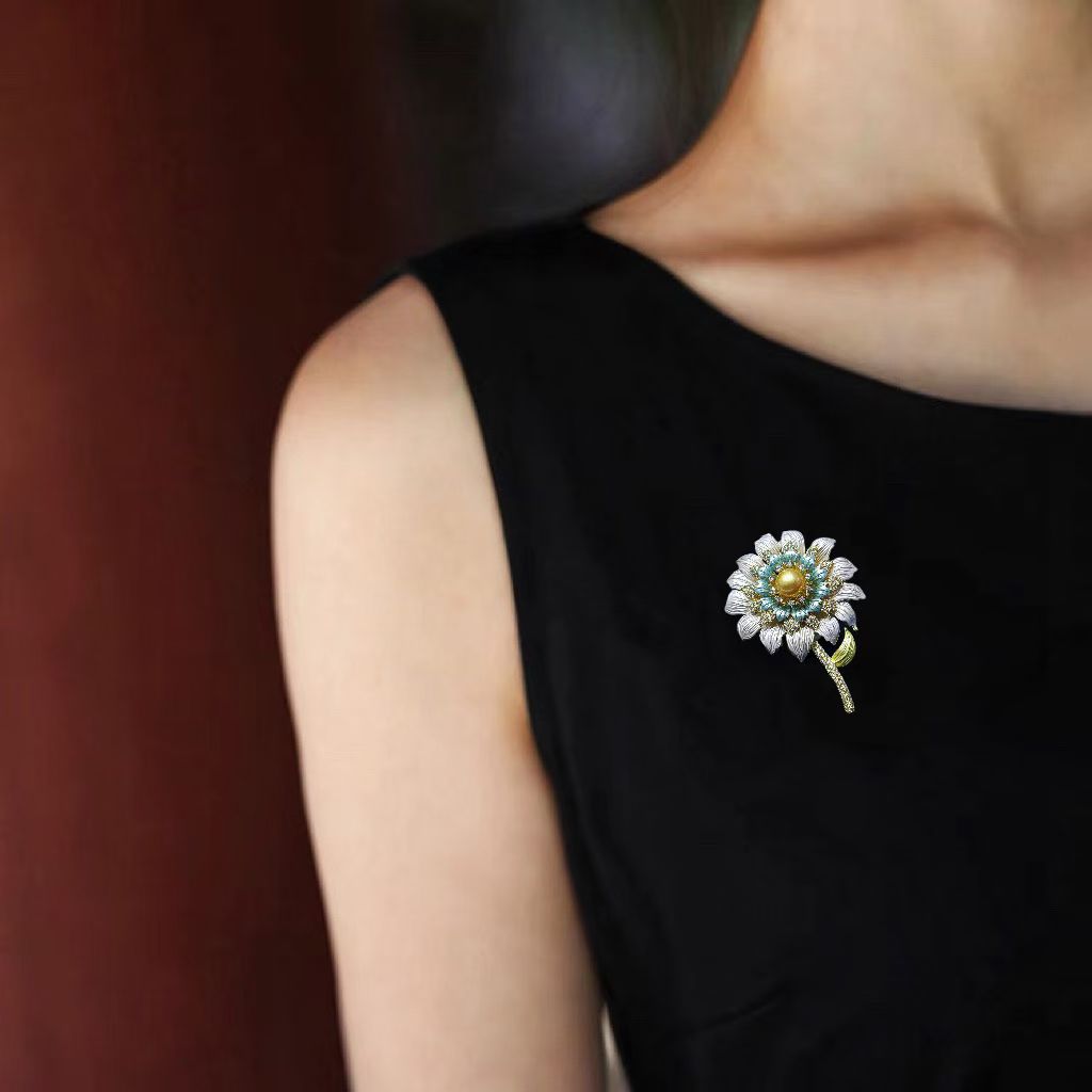 Sunflower wedding Brooch with South Sea Golden Pearl