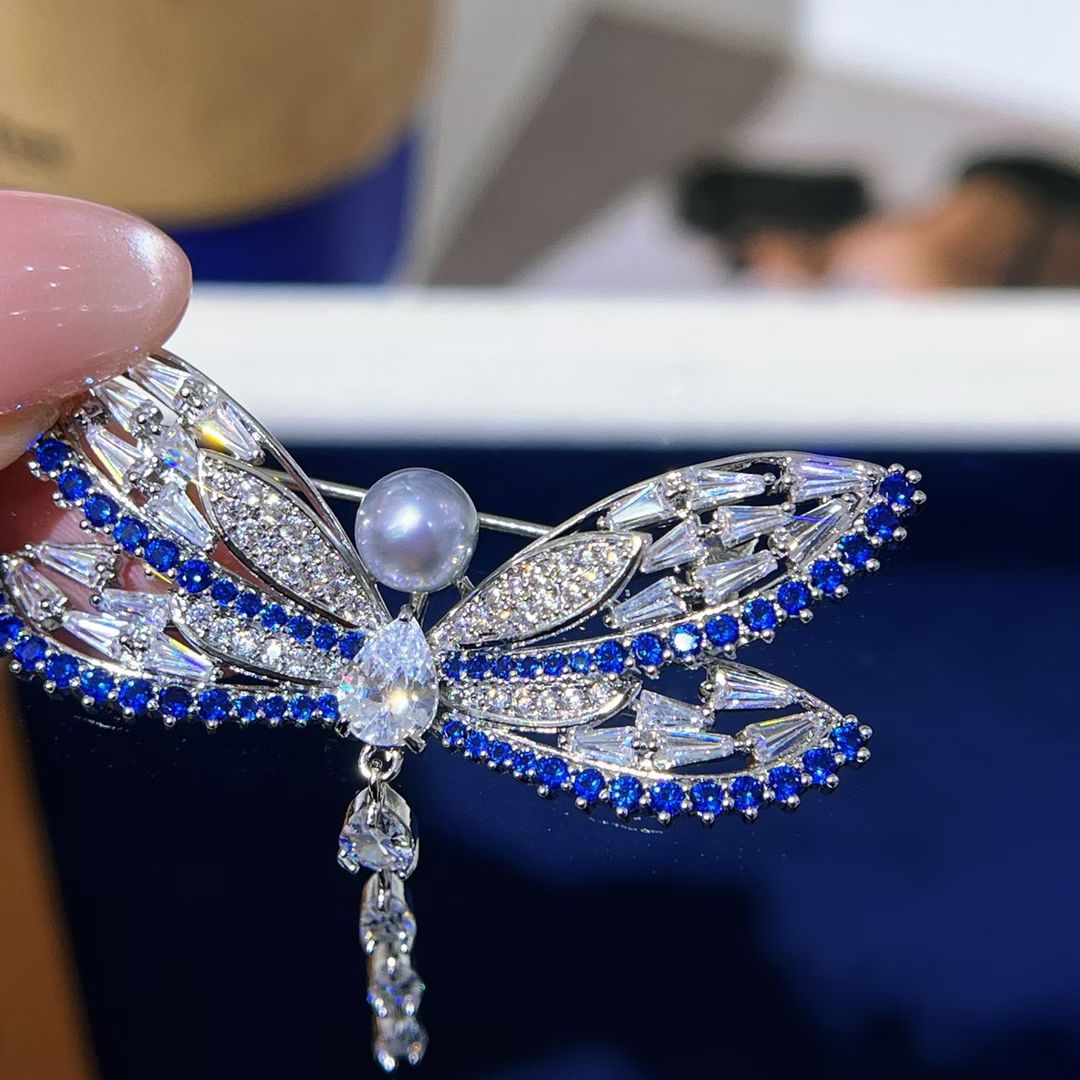 Tahitian Pearl Dragonfly Brooch – Sterling Silver & Sapphire Accent Pin