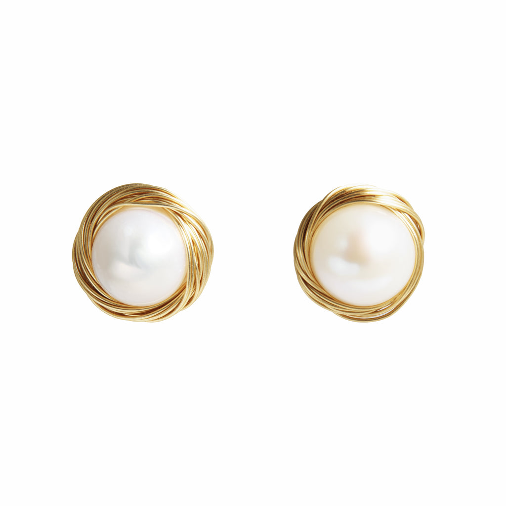 Wire-Nest Freshwater Pearl Stud Earrings