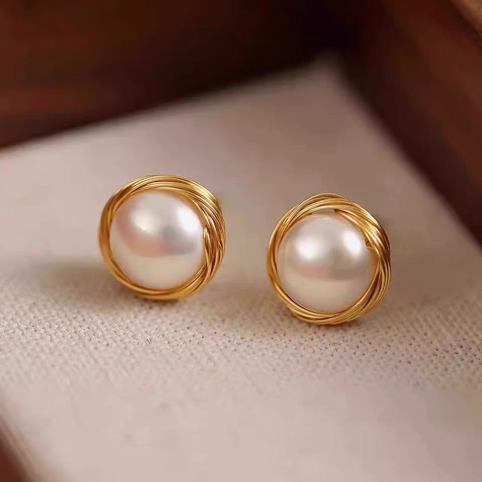 Wire-Nest Freshwater Pearl Stud Earrings