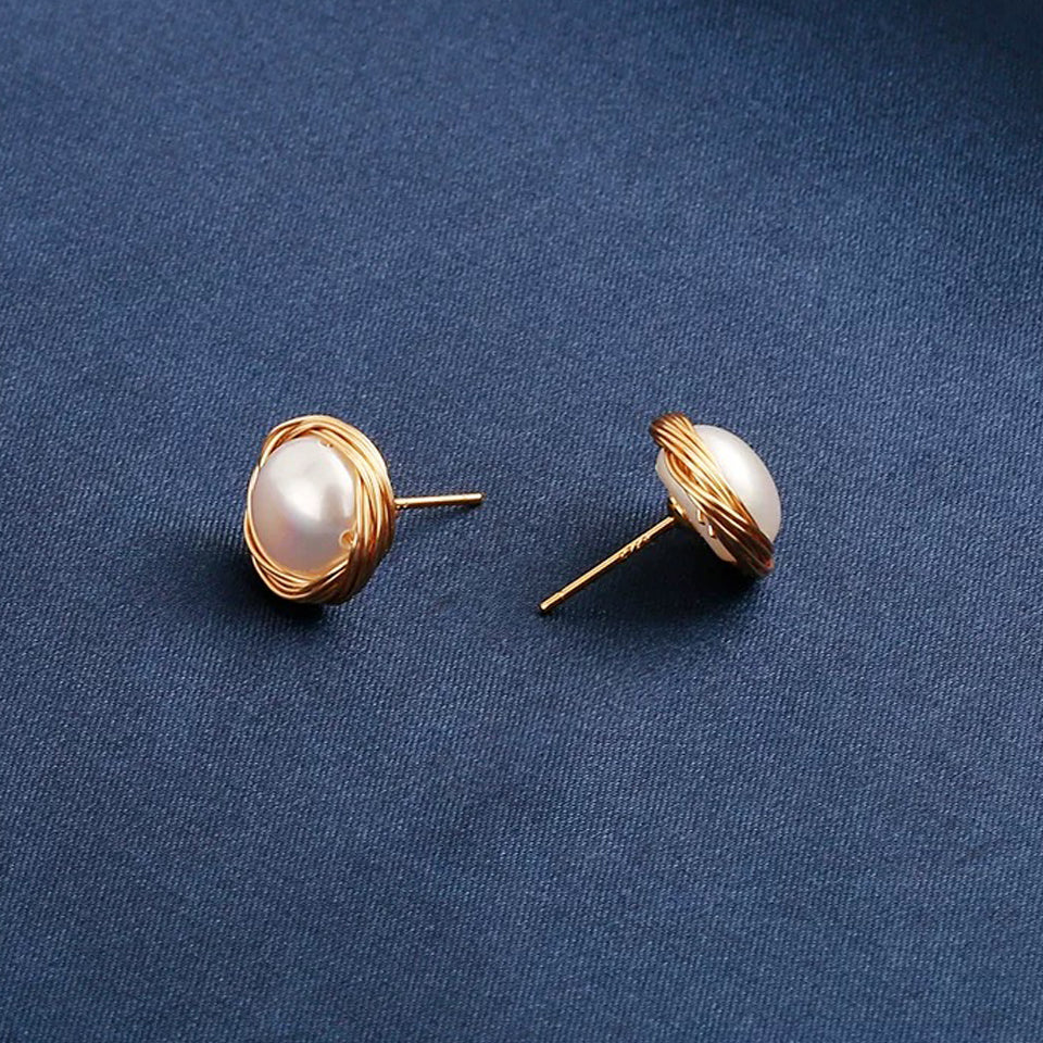 Wire-Nest Freshwater Pearl Stud Earrings